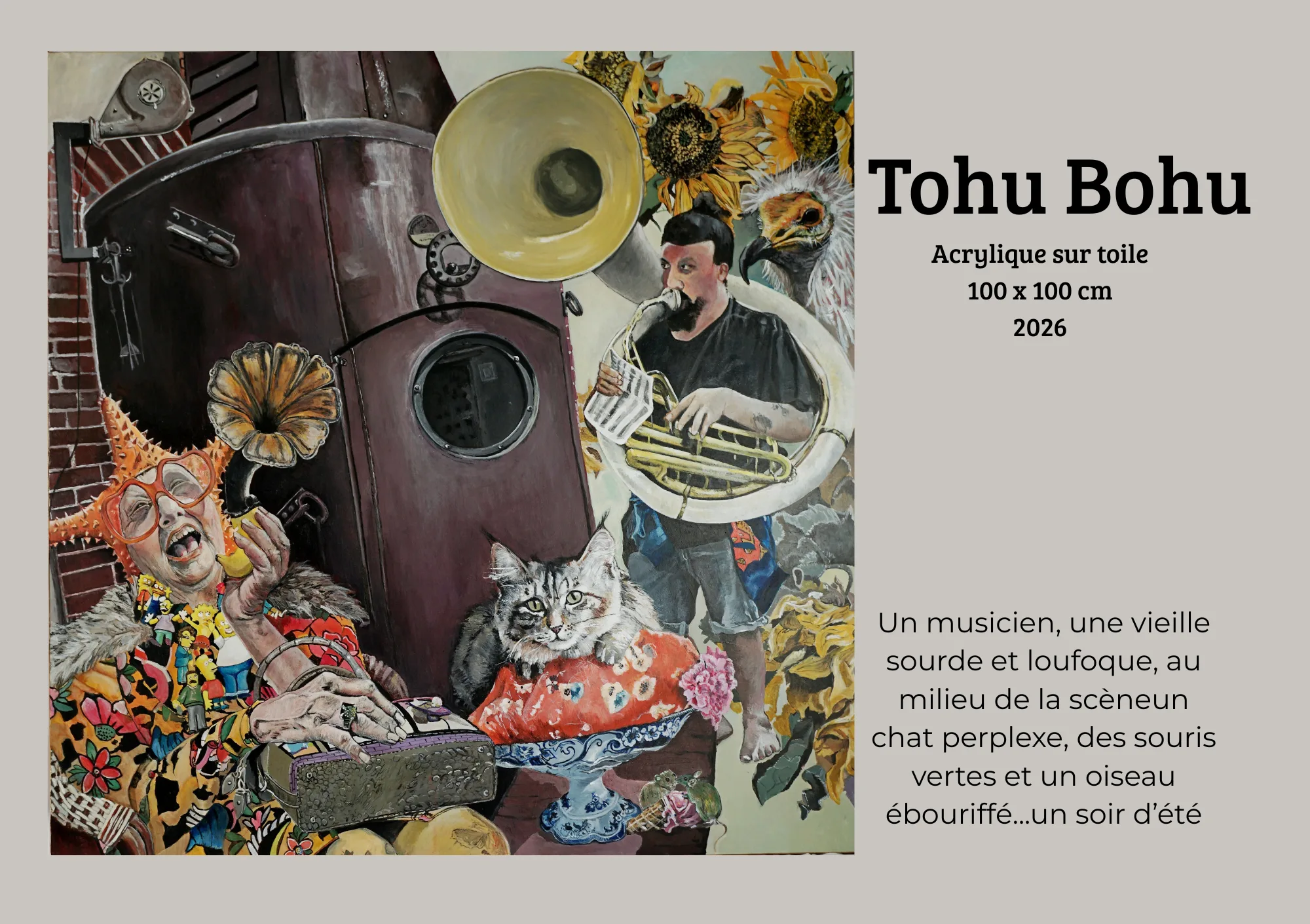 peinture contemporaine figurative représentant une scène foisonnante et colorée: une demme expressive, un musicien jouant d'un tuba, un chat posé sur des tournesols,, dans une composition narrative dense entre chaos et équilibre